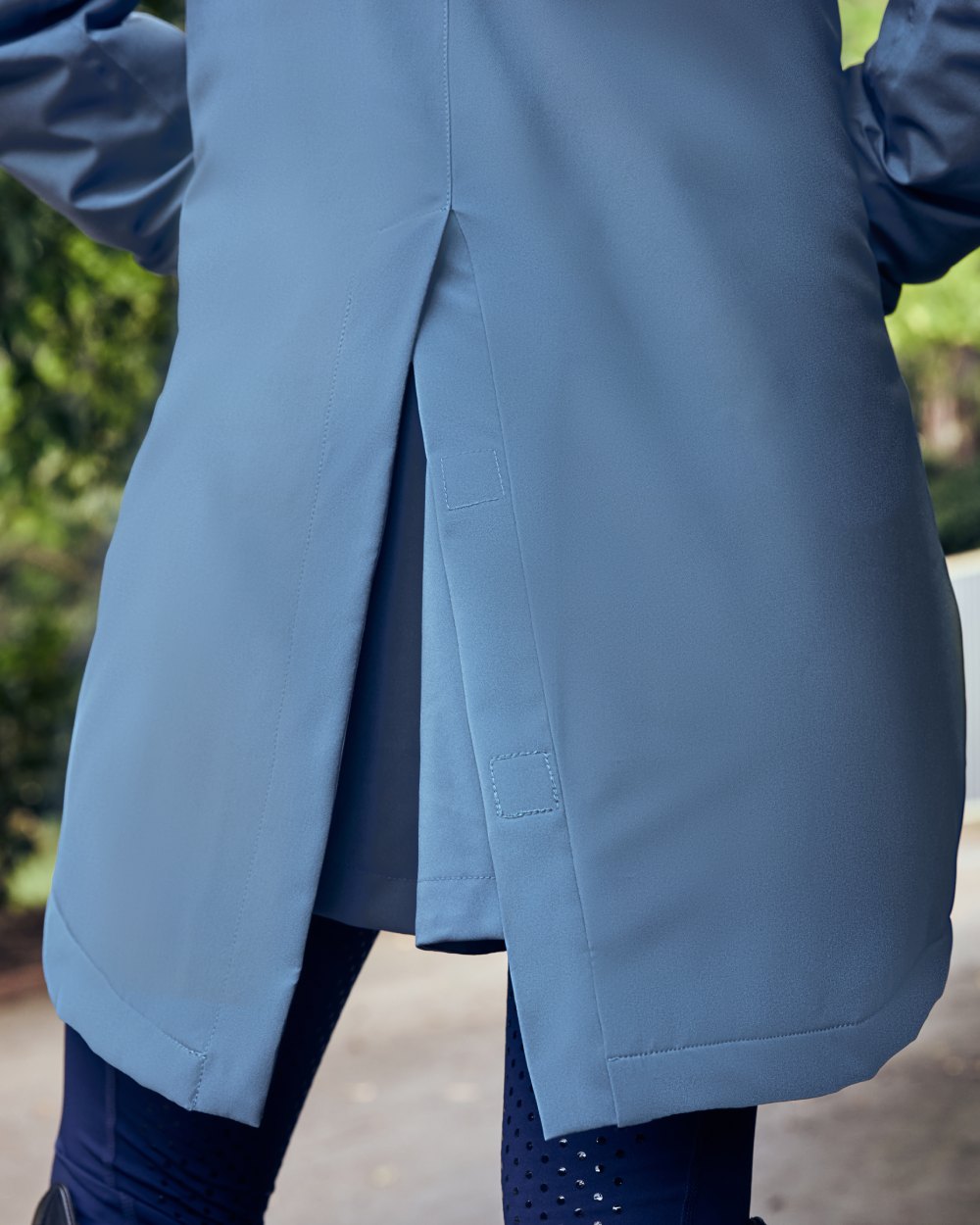 Denim coloured Dublin Womens Everyday Waterproof Jacket on blurry background