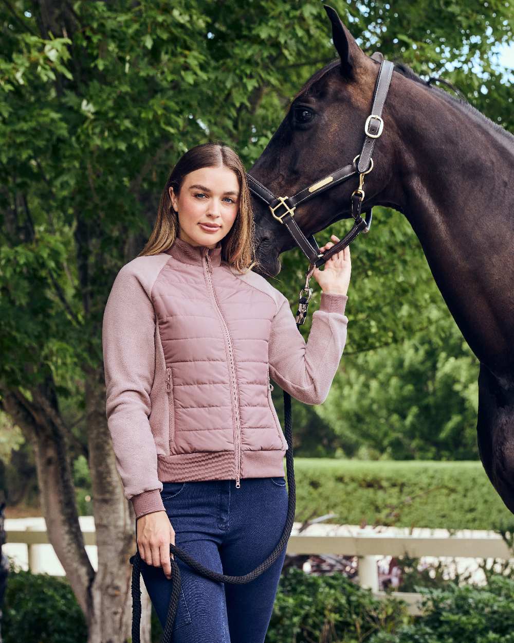 Dusty Rose coloured Dublin Womens Insulated Hybrid Jacket on horse background