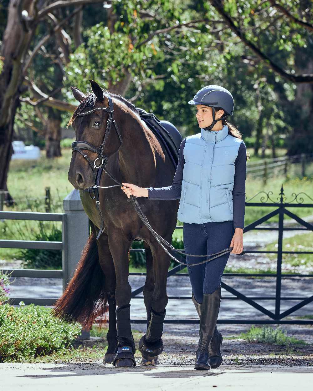 Blue Fog coloured Dublin Womens Puffer Body Warmer on Barn background