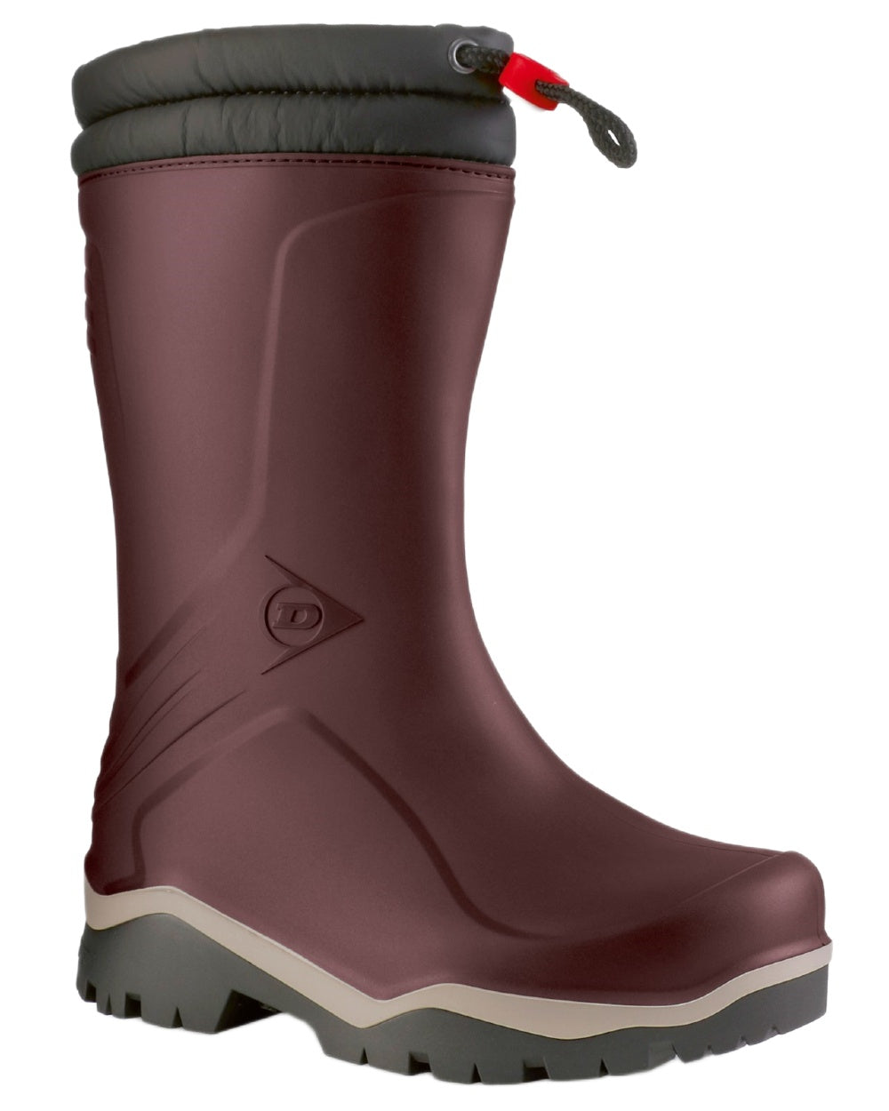 Burgundy Grey Black coloured Dunlop Childrens Blizzard Wellingtons on white background