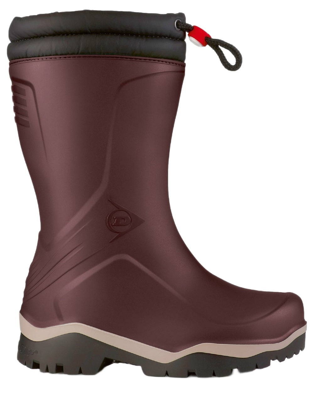 Burgundy Grey Black coloured Dunlop Childrens Blizzard Wellingtons on white background
