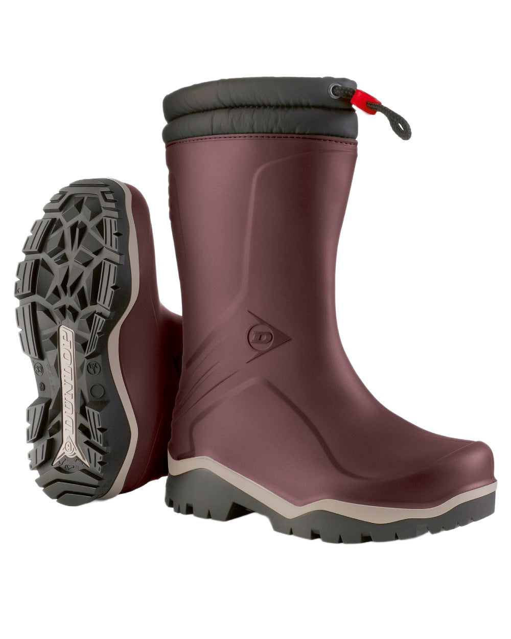 Burgundy Grey Black coloured Dunlop Childrens Blizzard Wellingtons on white background