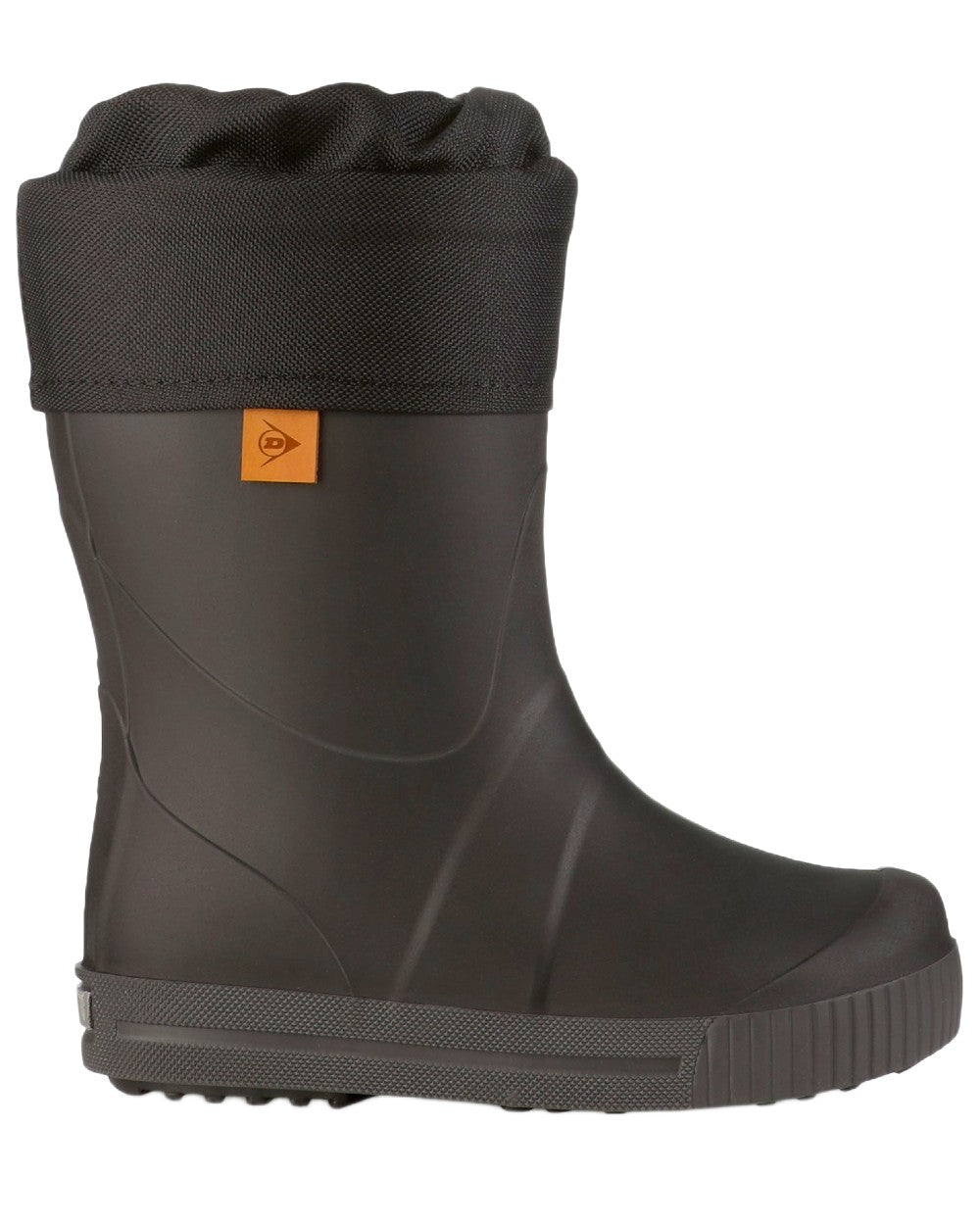 Black coloured Dunlop Childrens Puddle Jumper Faux Fur Lined Wellingtons on white background