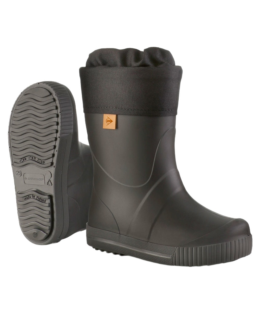 Black coloured Dunlop Childrens Puddle Jumper Faux Fur Lined Wellingtons on white background