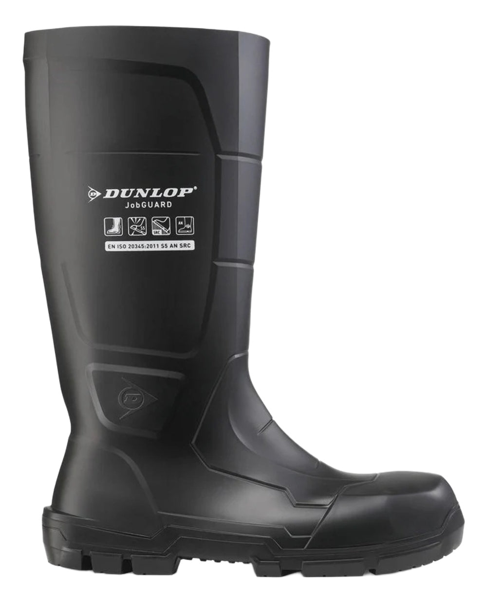 Black Coloured Dunlop JobGuard Full Safety Wellingtons on white background