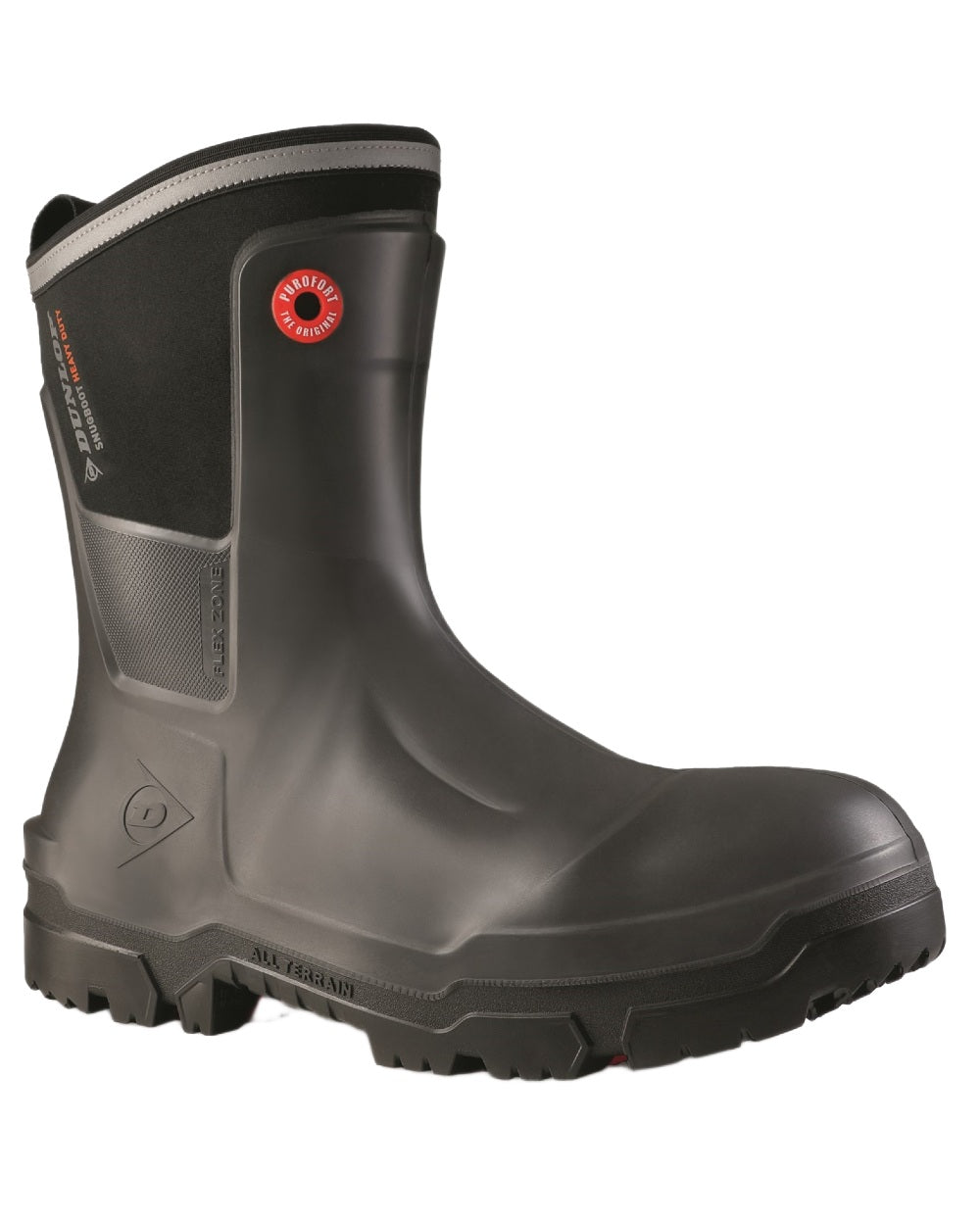 Charcoal coloured Dunlop Mens Snugboot Heavy Duty Calf Full Safety Wellingtons on white background