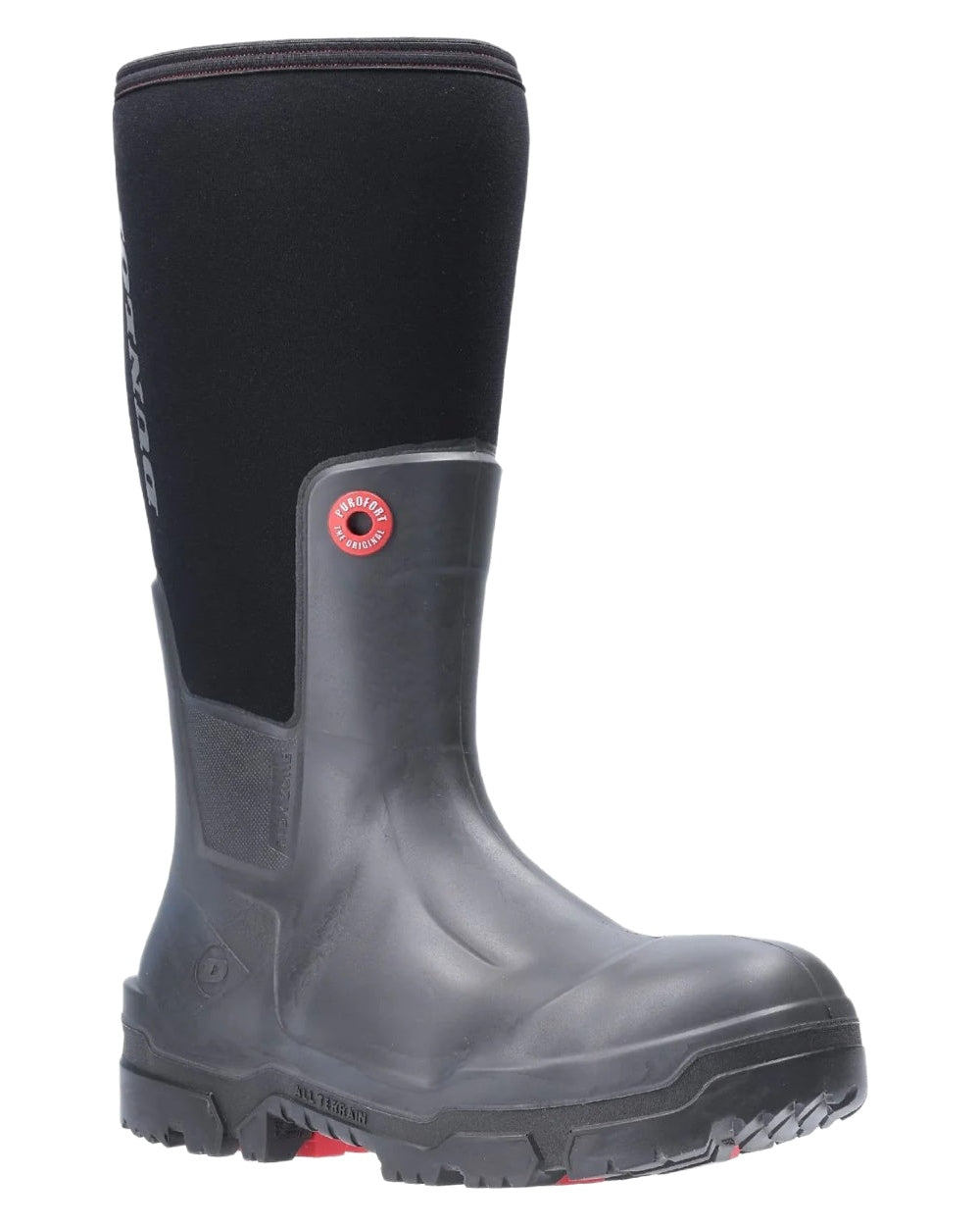 Black Coloured Dunlop Snugboot Pioneer Wellingtons on white background