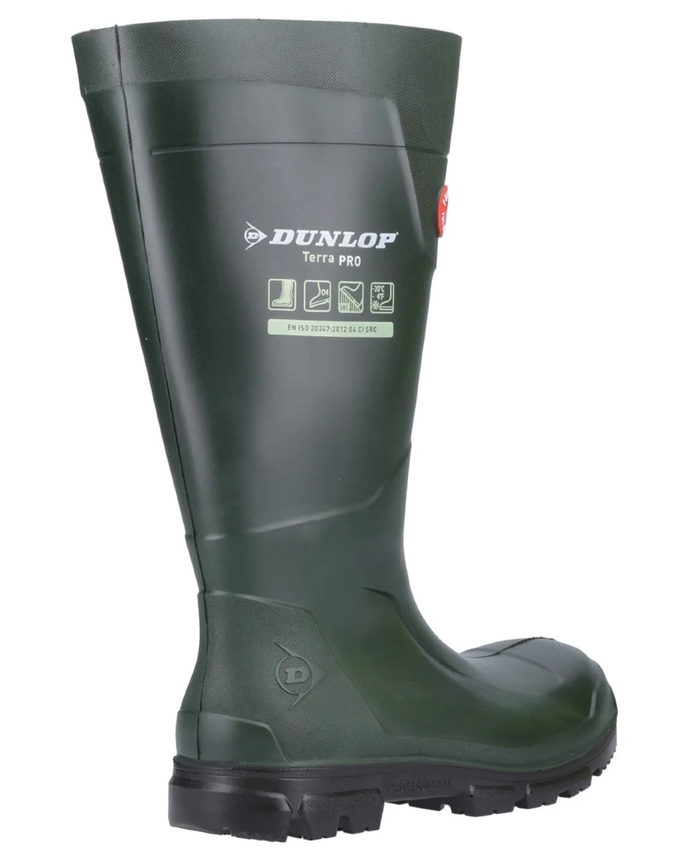 Green coloured Dunlop TerraPro Full Safety Wellingtons on white background