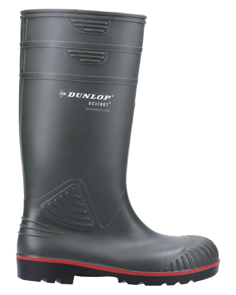 Green coloured Dunlop Acifort Heavy Duty Full Safety Wellingtons on white background
