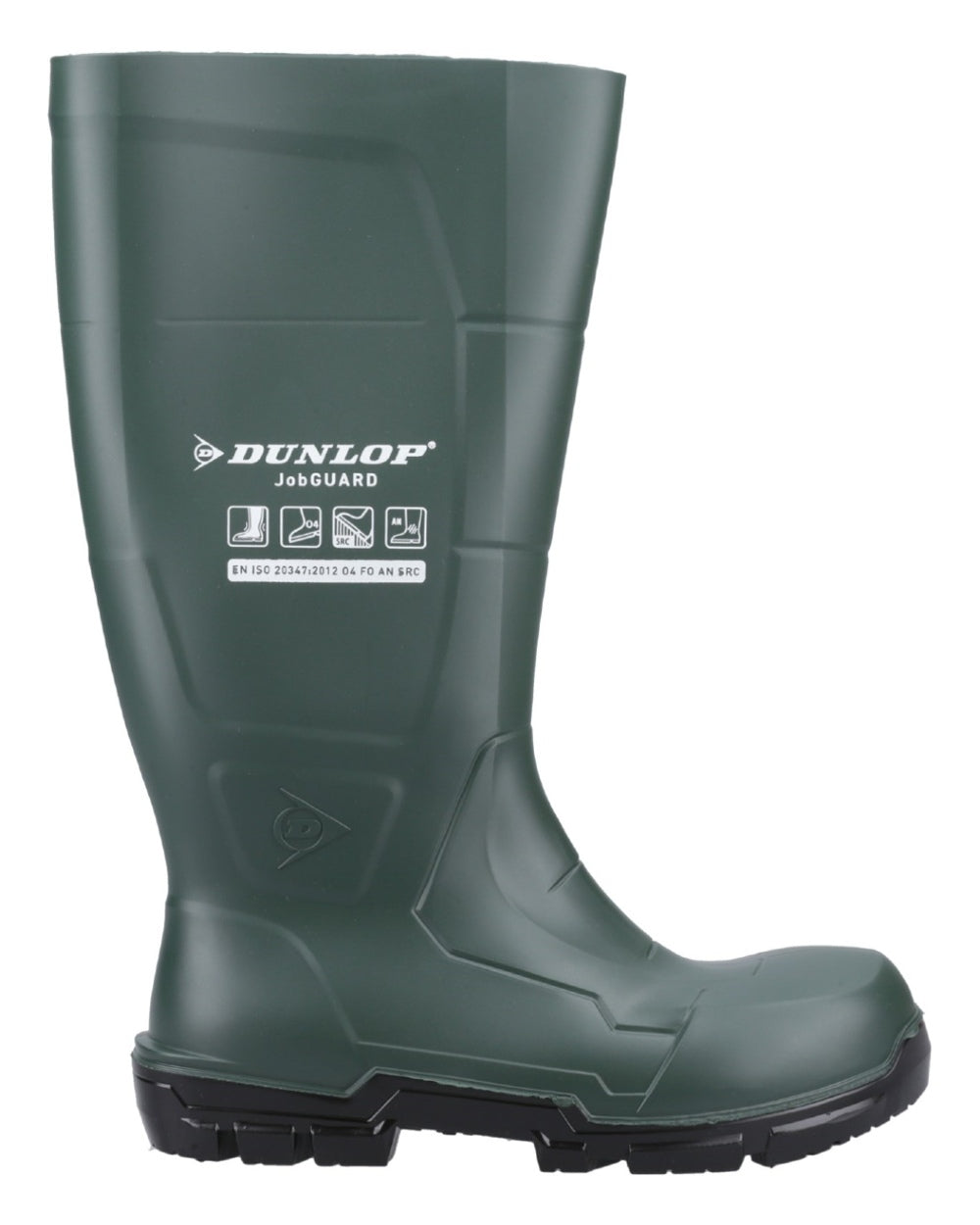 Heritage Green coloured Dunlop JobGuard Wellingtons on white background 