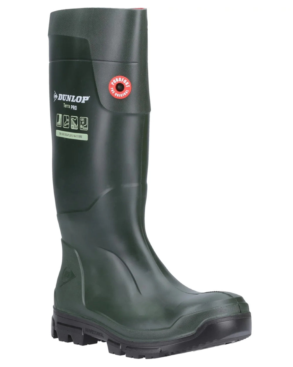 Green coloured Dunlop TerraPro Wellingtons on white background 