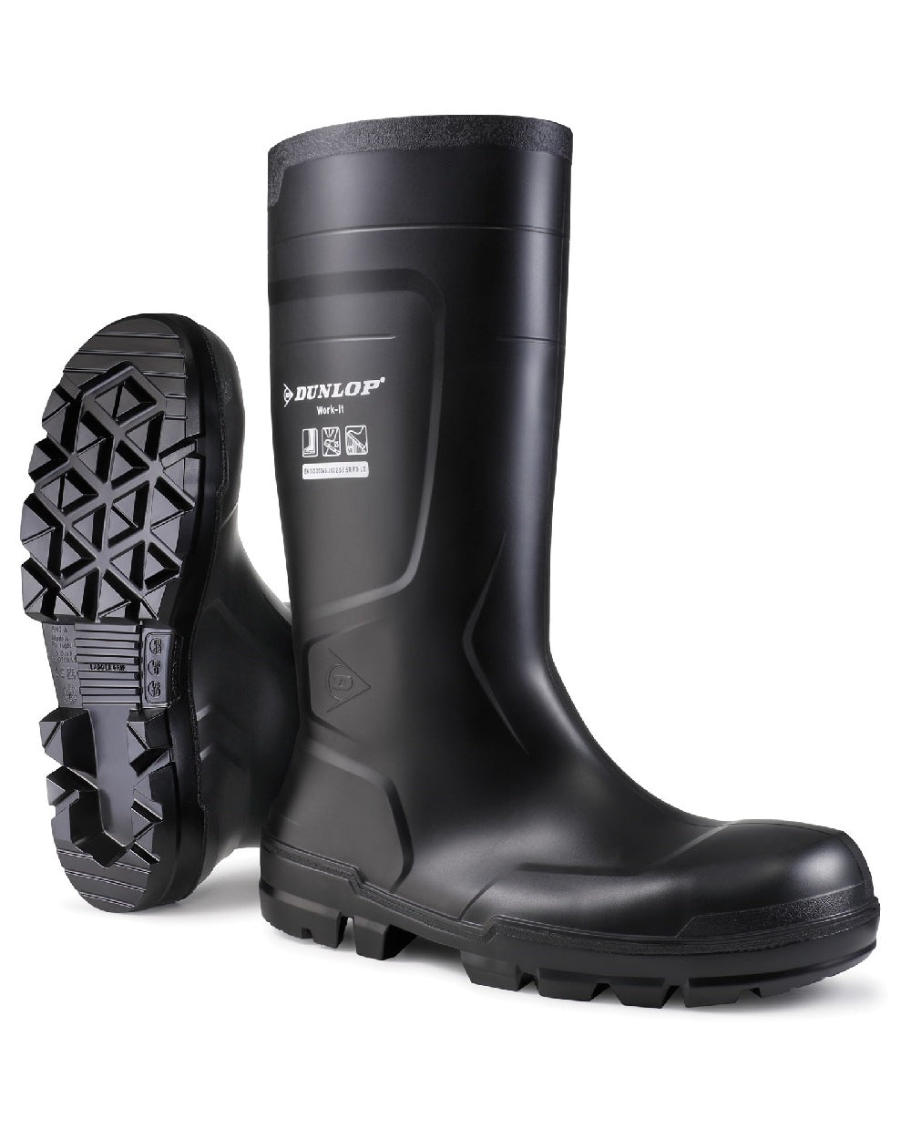 Black coloured Dunlop Work-It Full Safety Wellingtons on white background 