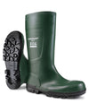 Green coloured Dunlop Work-It Full Safety Wellingtons on white background #colour_green