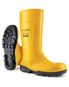 Yellow coloured Dunlop Work-It Full Safety Wellingtons on white background #colour_yellow