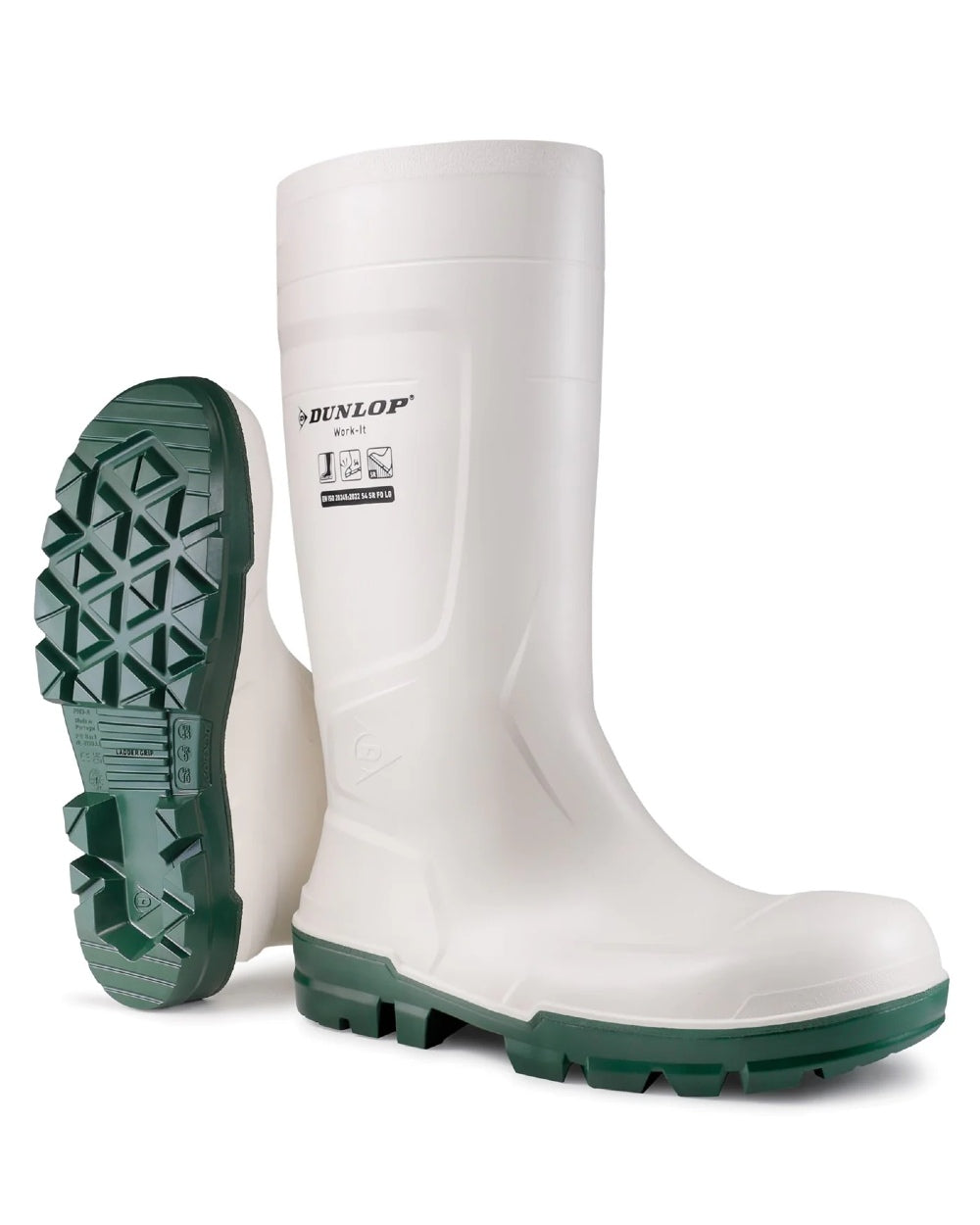 White coloured Dunlop Work-It Safety Wellingtons on white background 