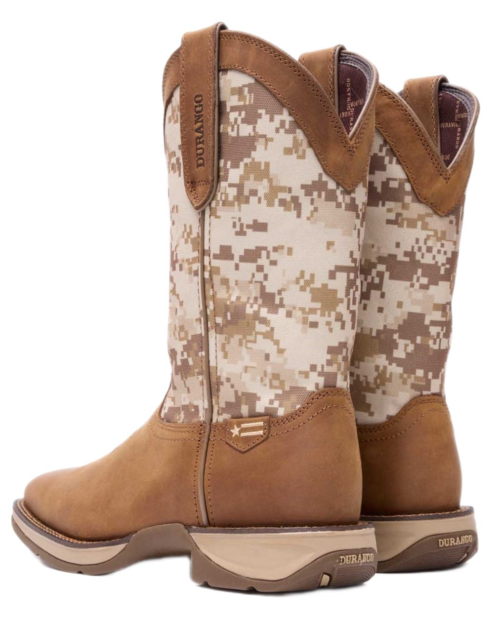 Dusty Brown Desert Camo coloured Durango Mens Rebel Desert Camo Pull-On Western Boots on white background