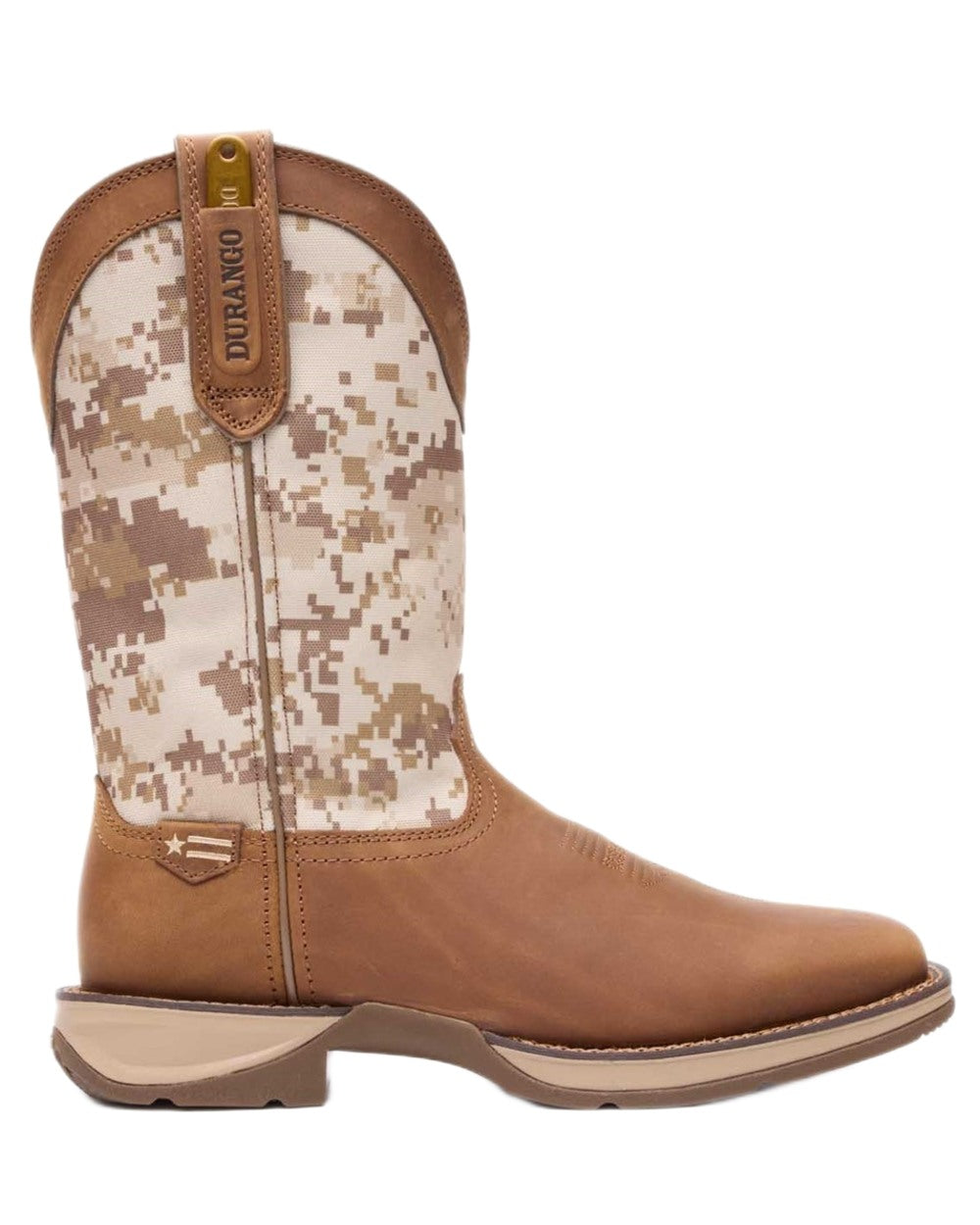 Dusty Brown Desert Camo coloured Durango Mens Rebel Desert Camo Pull-On Western Boots on white background