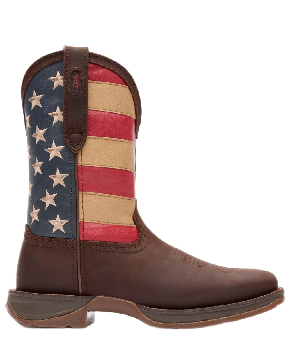 Brown Union Flag coloured Durango Mens Rebel Patriotic Pull-On Western Flag Boots on white background