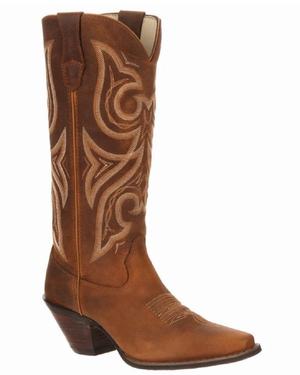 Distressed Cognac coloured Durango Womens Crush Western Fashion Booties on white background
