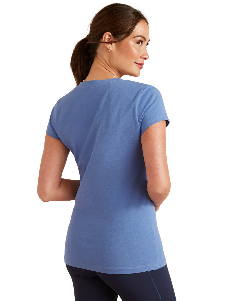 Dutch Blue coloured Ariat Womens Vertical Logo V T-Shirt On A White Background 
