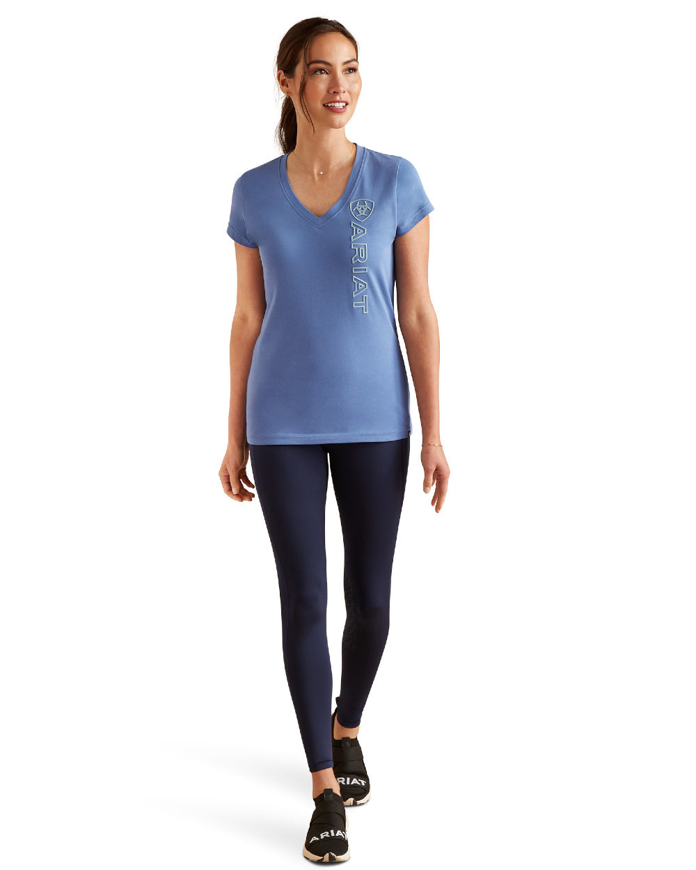 Dutch Blue coloured Ariat Womens Vertical Logo V T-Shirt On A White Background 