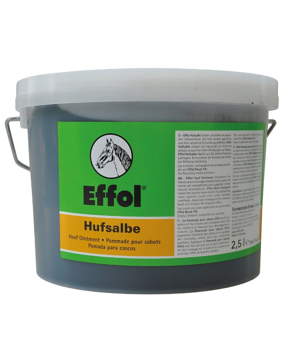 Black coloured Effol Hoof Ointment 2.5L on white background