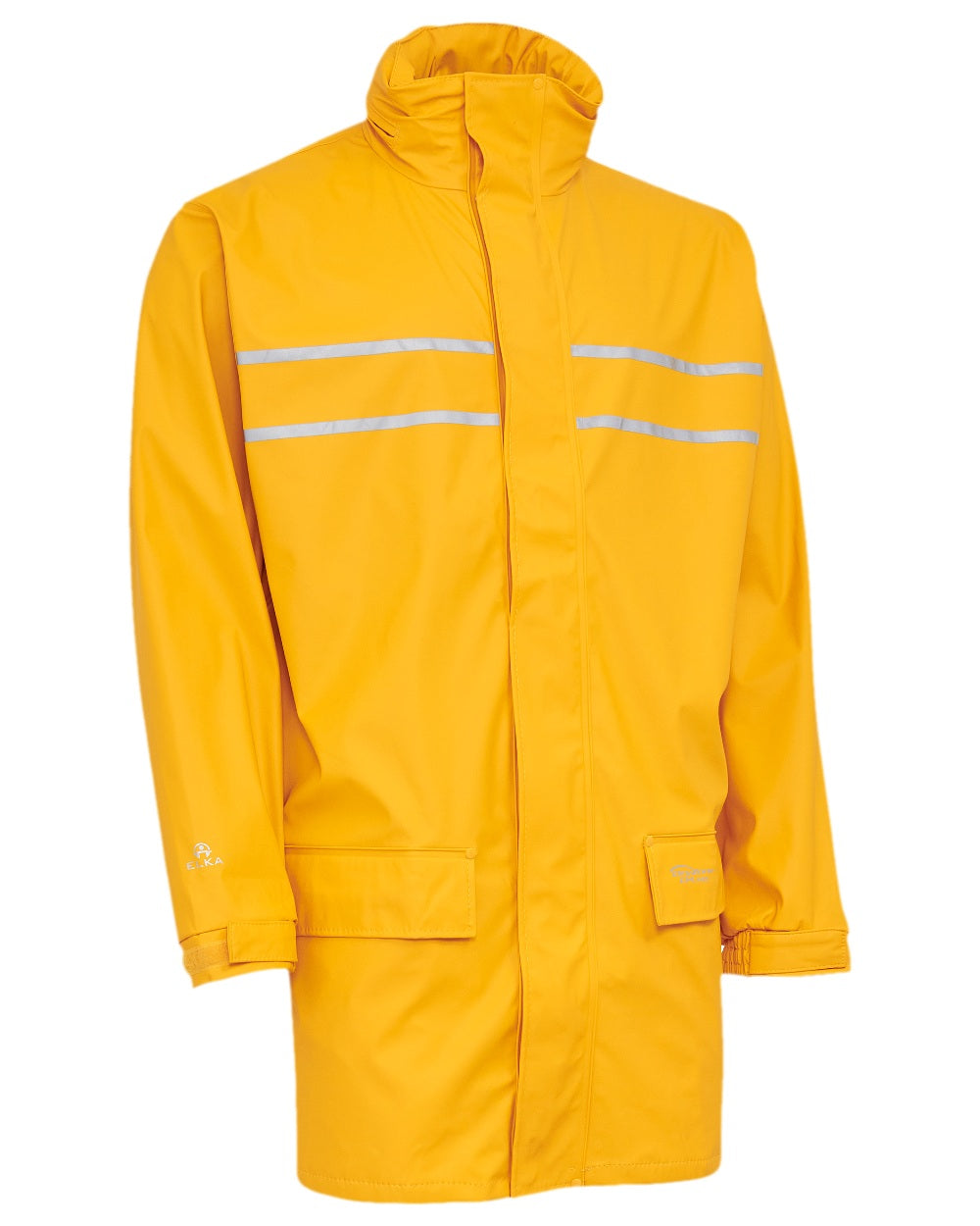 Yellow Coloured Elka Mens Dry Zone D-Lux PU Long Rain Jacket on white background