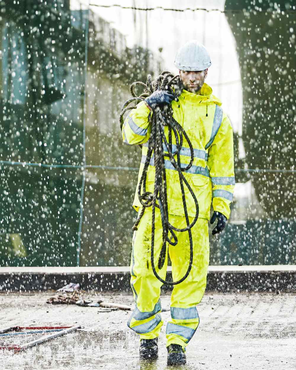 Fluorescent Yellow Coloured Elka Mens Visible Xtreme Rain Jacket on rain background
