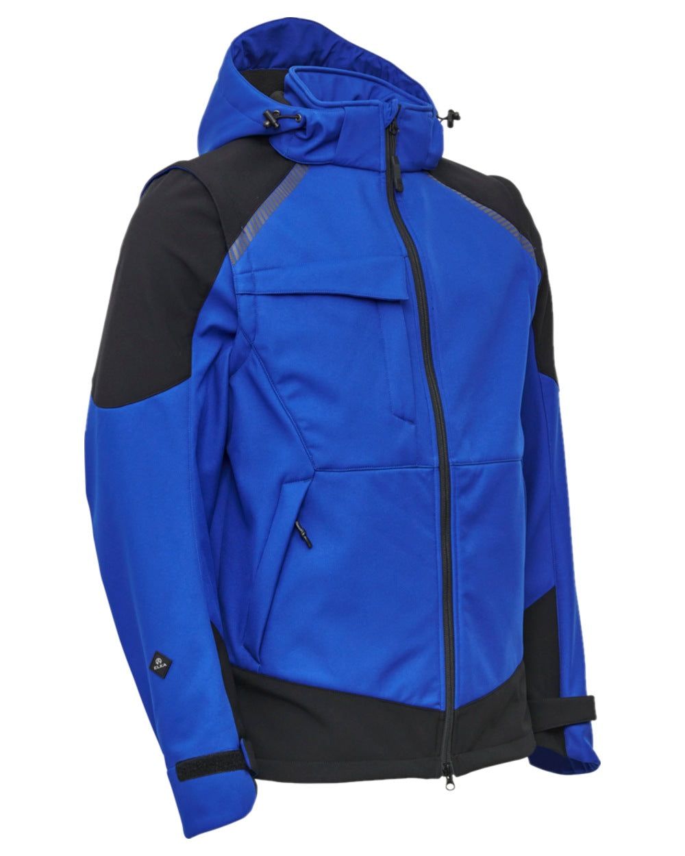 Royal Blue Black Coloured Elka Mens Working Xtreme Softshell Jacket With Detachable Sleeves on white background