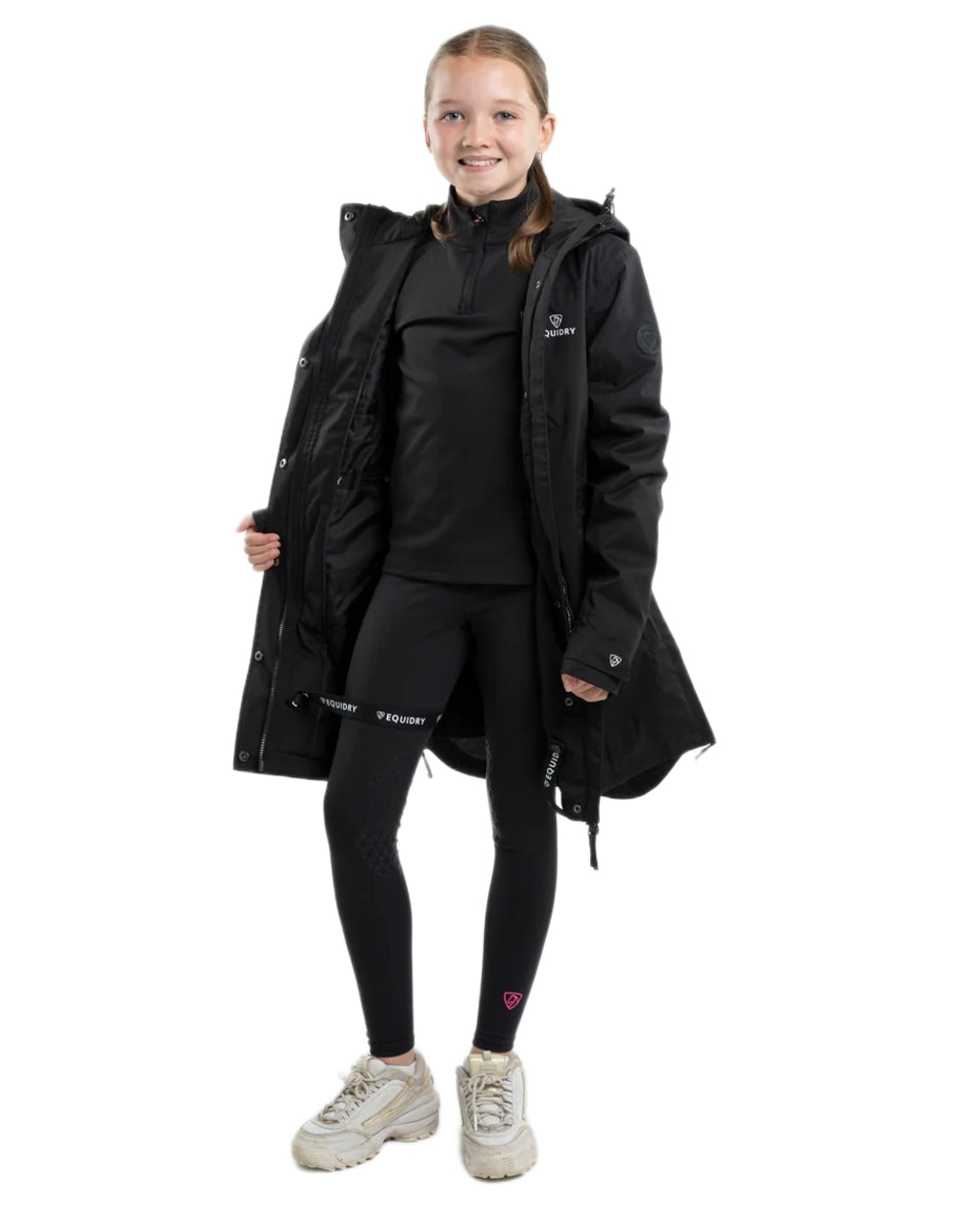 Black coloured Equidry Childrens Bronte Riding Coat on white background