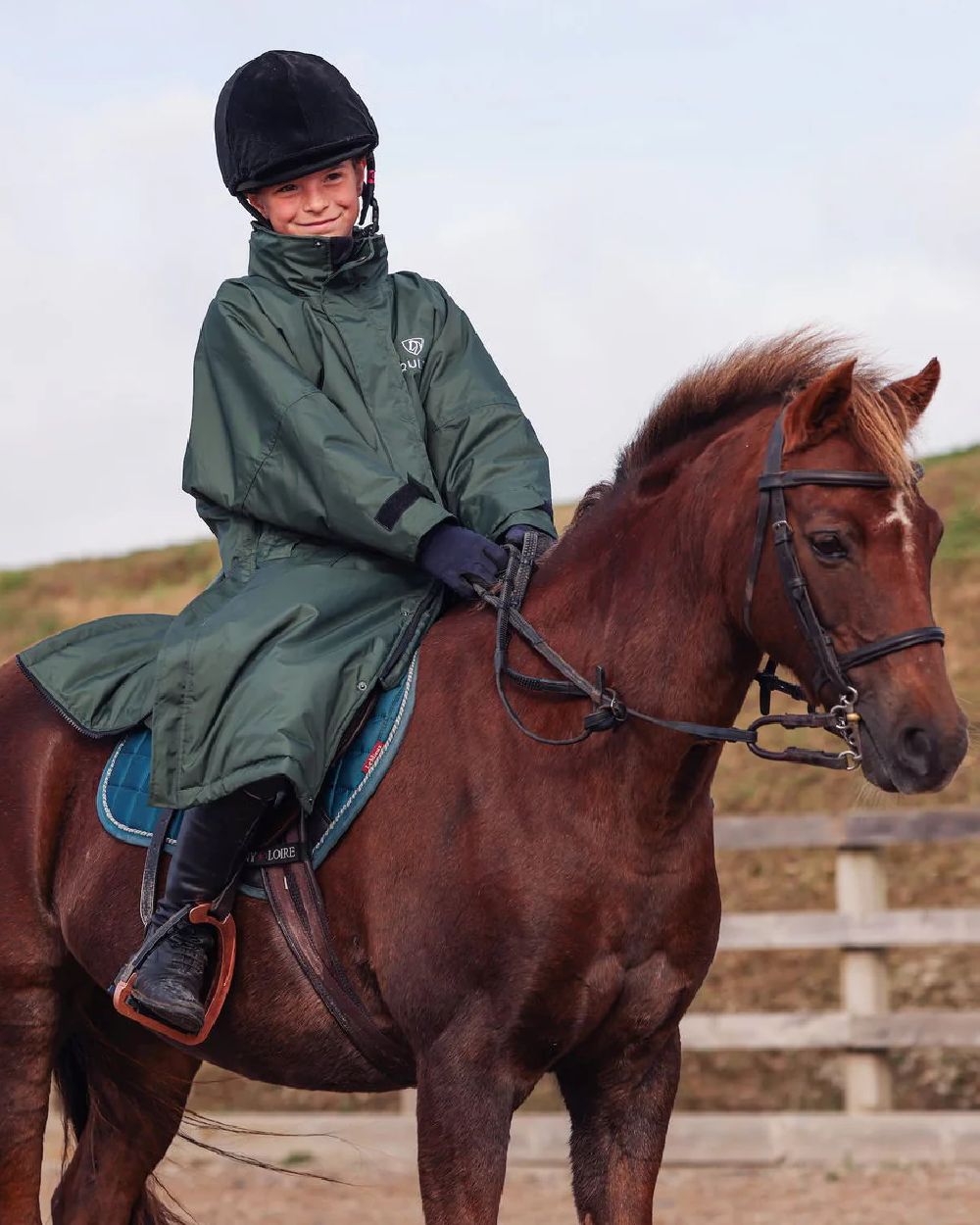Black Forest Green Grey Coloured Equidry Childrens Evolution Thick Fleece Hood on outdoor background