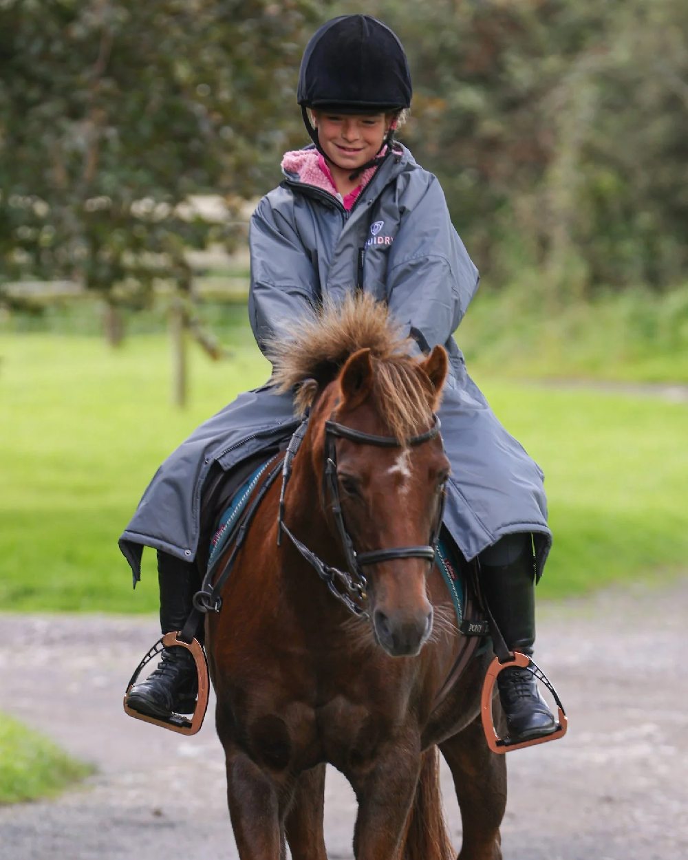 Grey Pale Pink Coloured Equidry Childrens Evolution Thick Fleece Hood on outdoor background