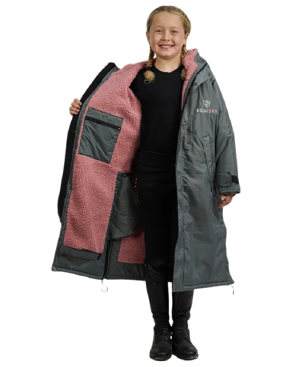 Grey Pale Pink Coloured Equidry Childrens Evolution Thick Fleece Hood on white background