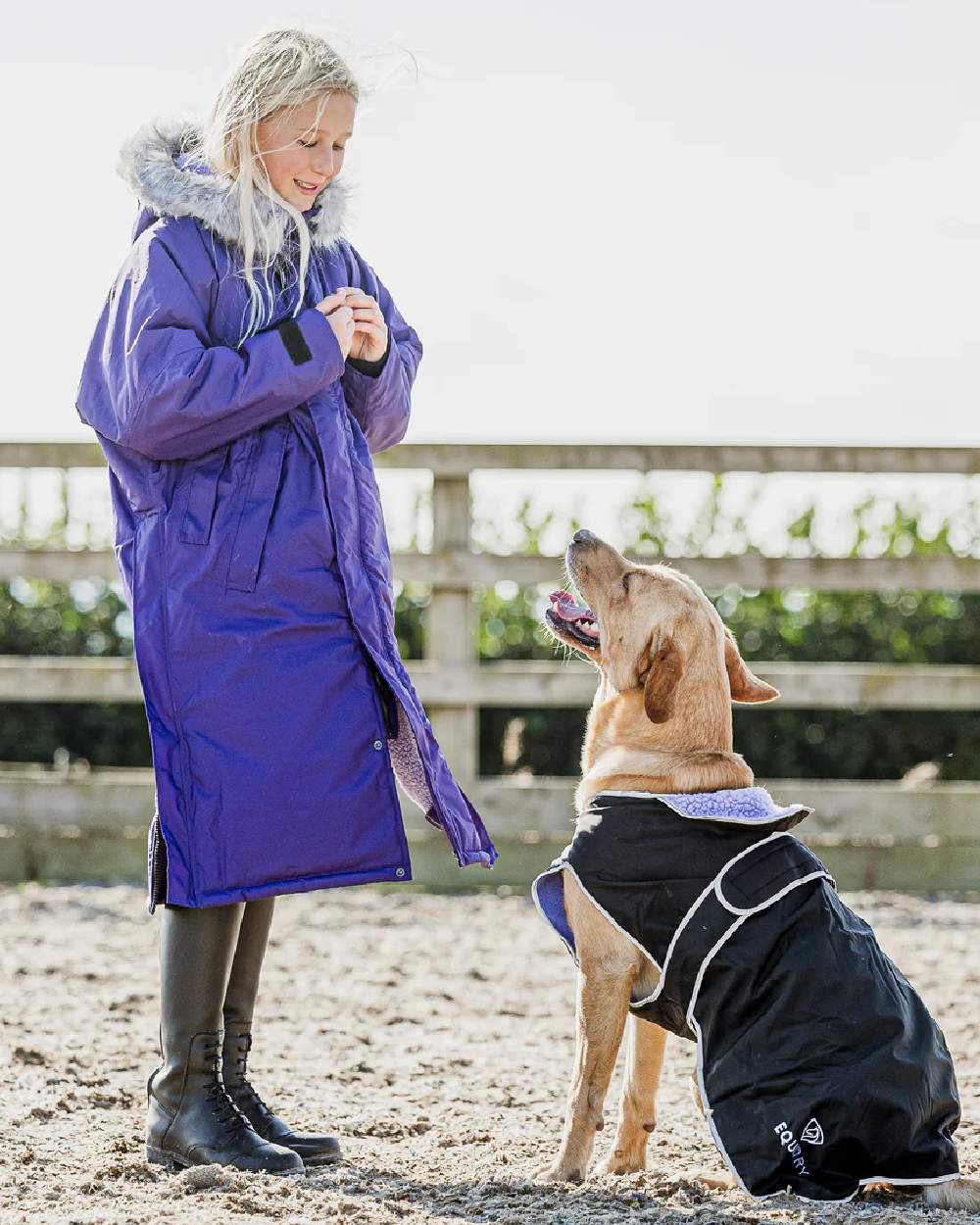 Purple Lilac Coloured Equidry Childrens Evolution Thick Fleece Hood on outdoor background