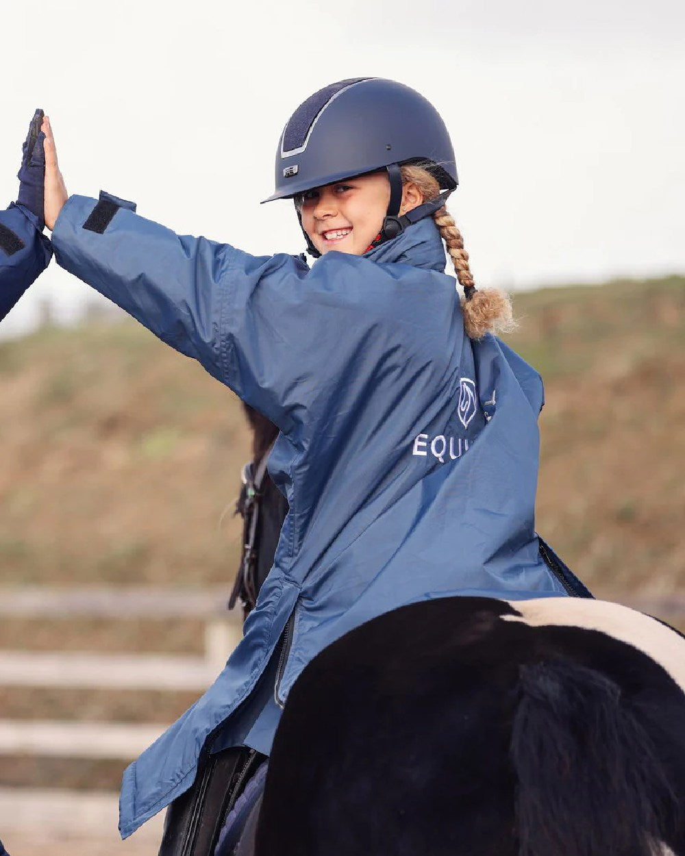 Steel Blue Grey Coloured Equidry Childrens Evolution Thick Fleece Hood on outdoor background