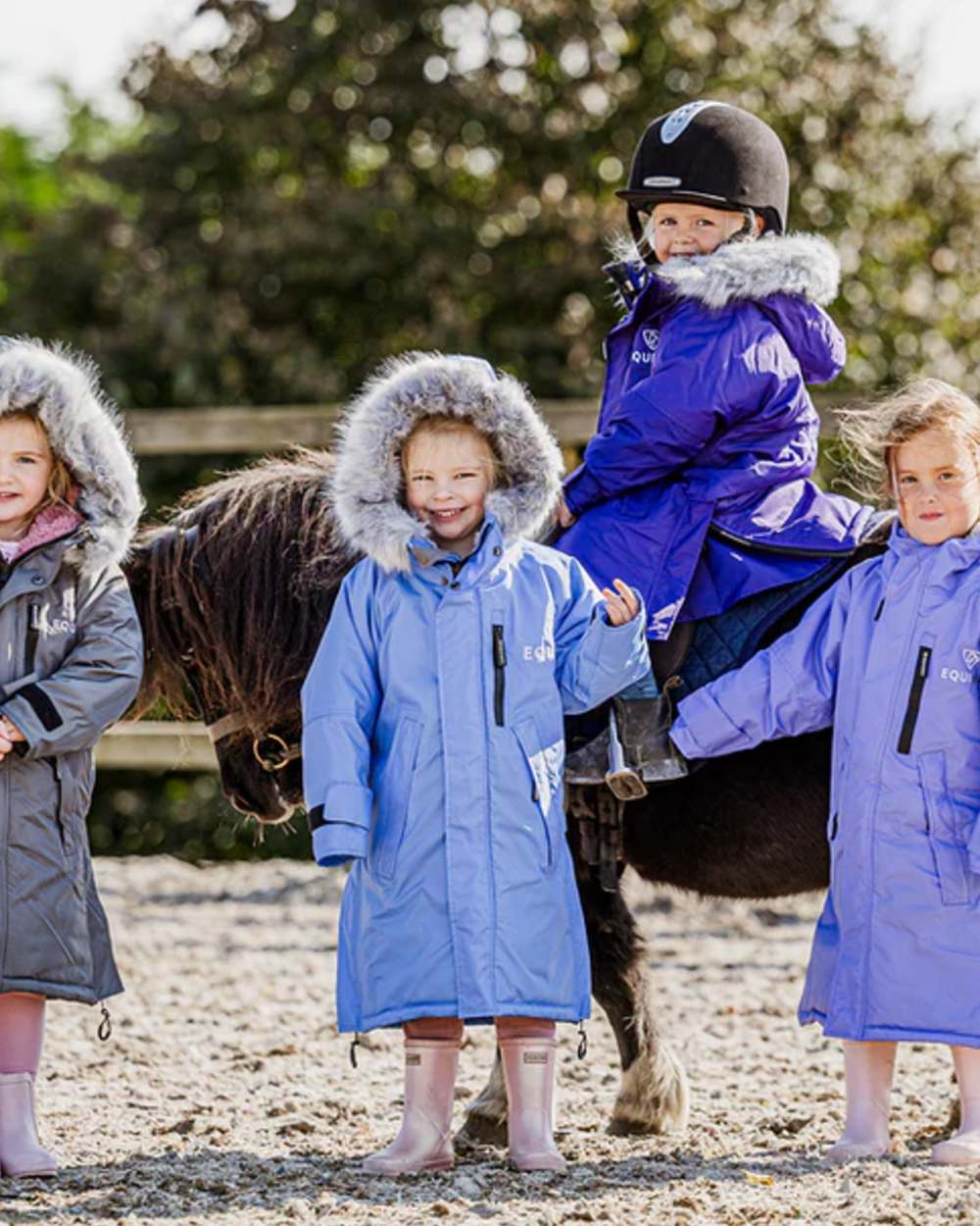 Sky Blue Grey coloured Equidry Childrens Evolution Thick Fleece With Fur Hood on tree background