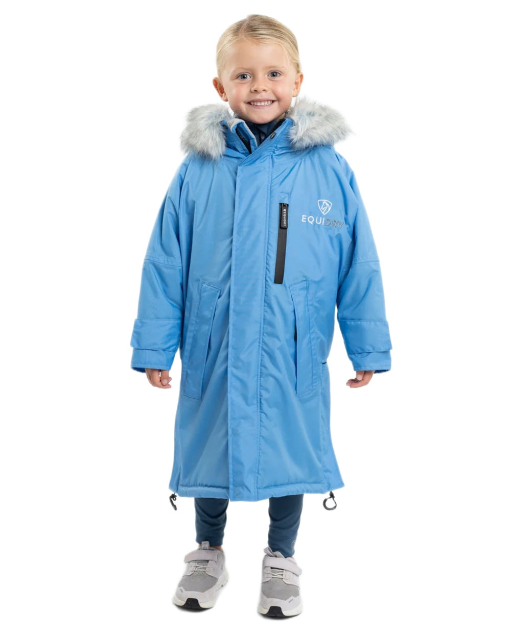 Sky Blue Grey coloured Equidry Childrens Evolution Thick Fleece With Fur Hood on white background