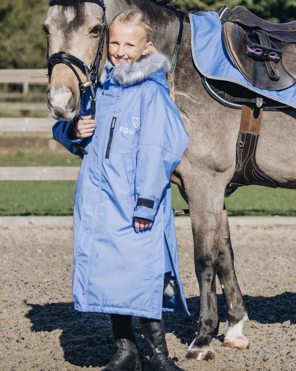 Sky Blue Grey coloured Equidry Childrens Evolution Thick Fleece With Fur Hood on outdoor background