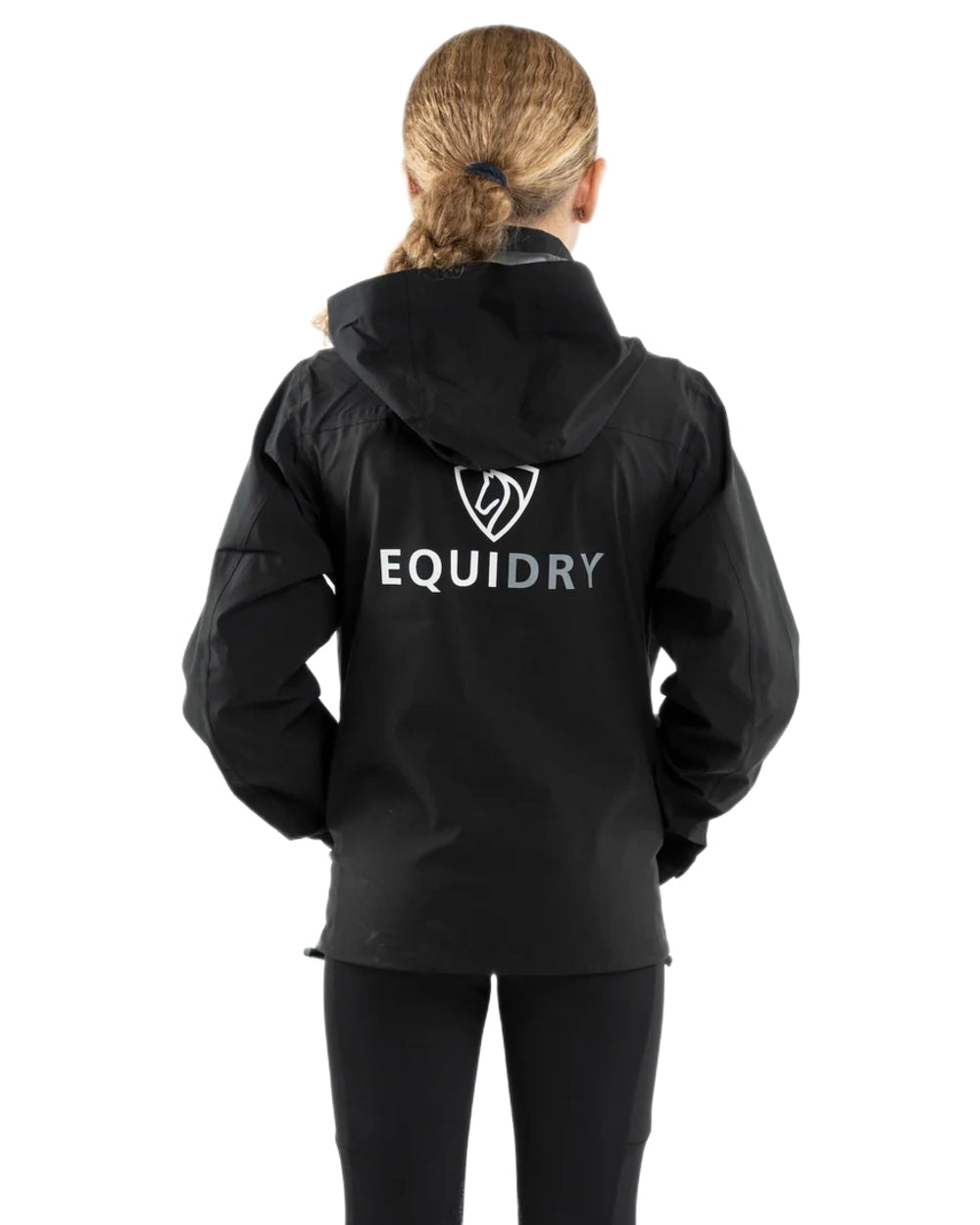 Black coloured Equidry Childrens Nimbus Pack Away Jacket With Stowaway Hood on white background