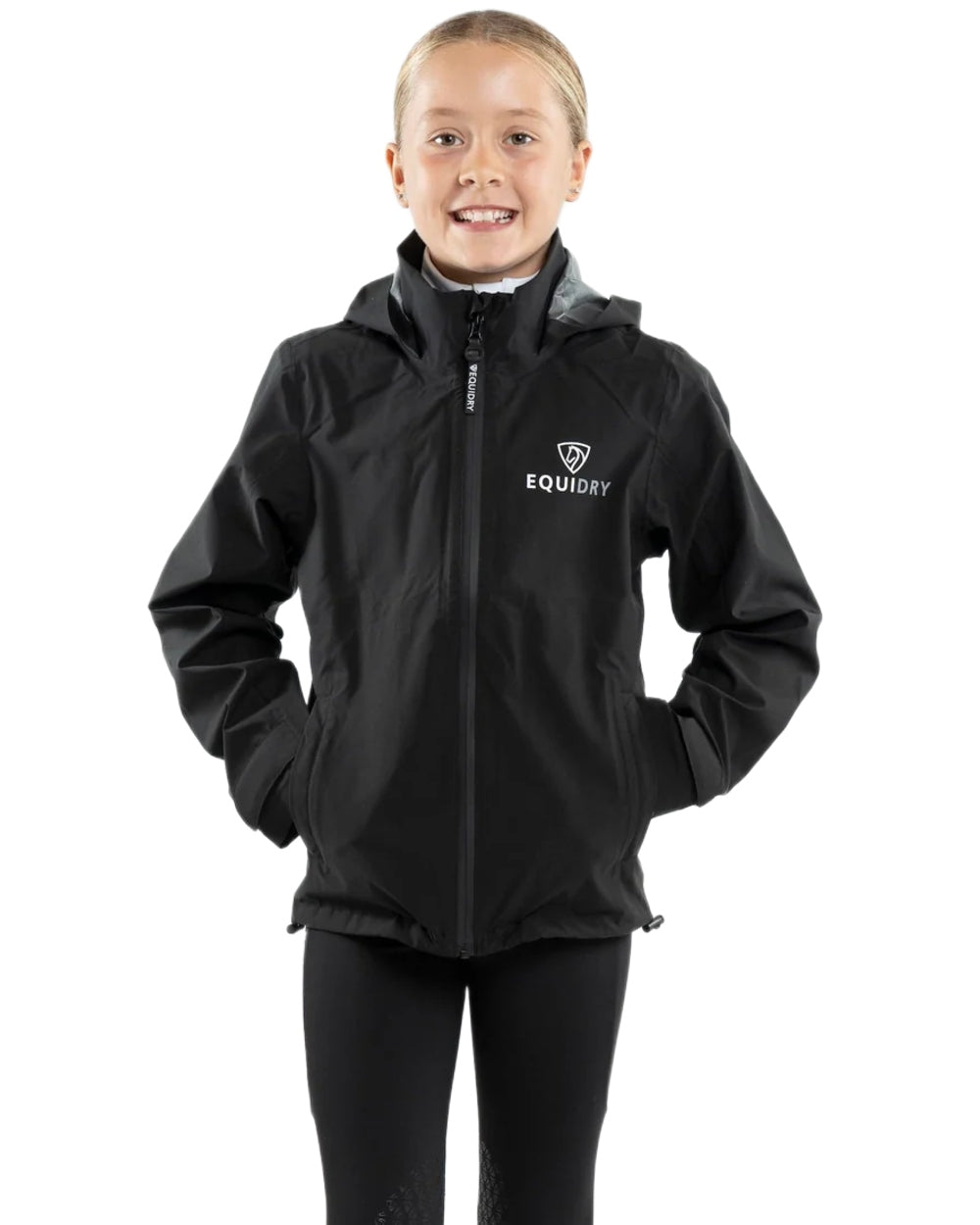 Black coloured Equidry Childrens Nimbus Pack Away Jacket With Stowaway Hood on white background