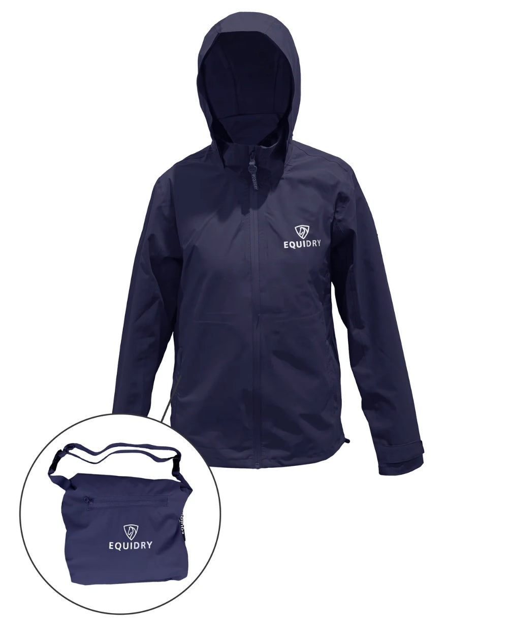 Navy coloured Equidry Childrens Nimbus Pack Away Jacket With Stowaway Hood on white background