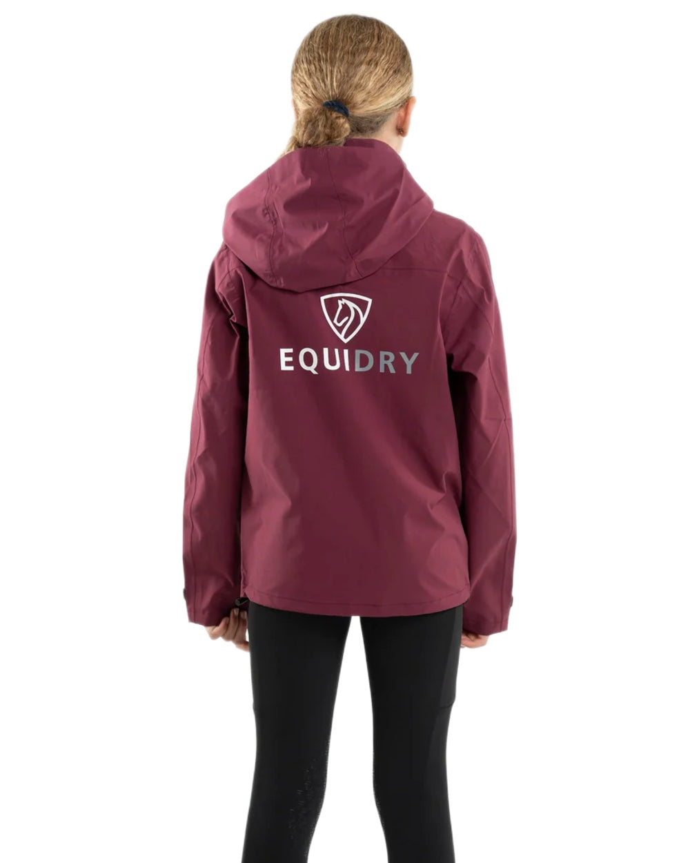 Plum coloured Equidry Childrens Nimbus Pack Away Jacket With Stowaway Hood on white background