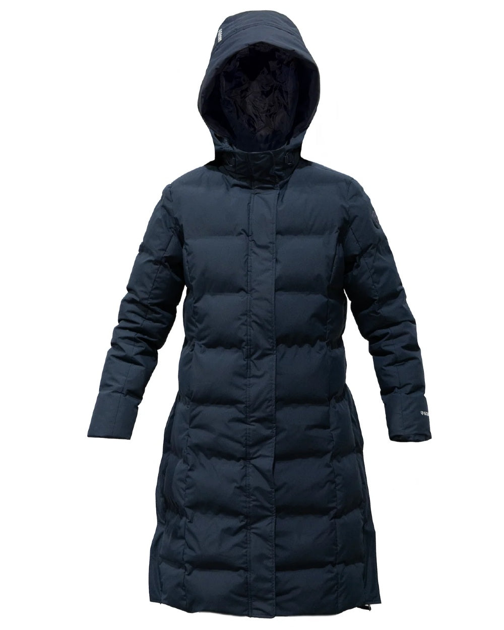 Navy coloured Equidry Childrens Thora Waterproof Riding Puffer Jacket With Hood on white background