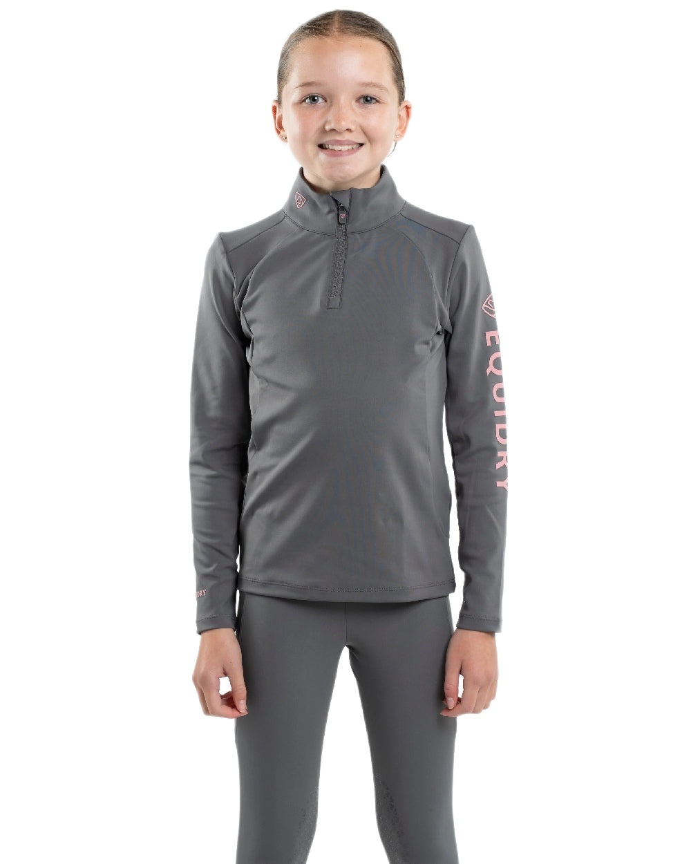 Grey Pale Pink Coloured Equidry Childrens Water Repellent Base Layer on white background