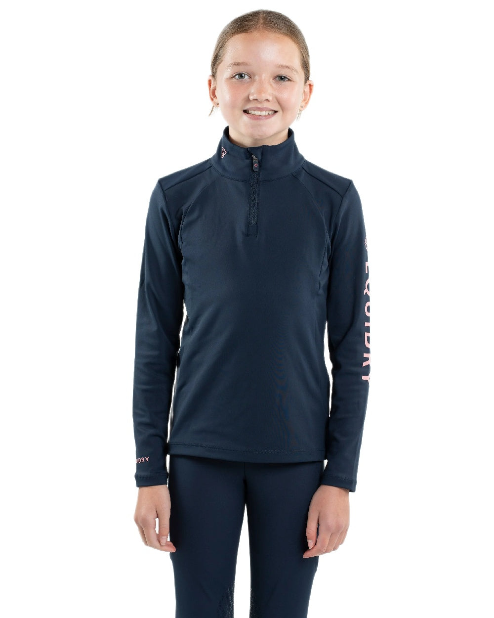 Navy Pale Pink Coloured Equidry Childrens Water Repellent Base Layer on white background