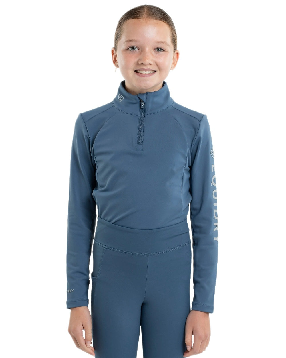 Steel Blue Grey Coloured Equidry Childrens Water Repellent Base Layer on white background