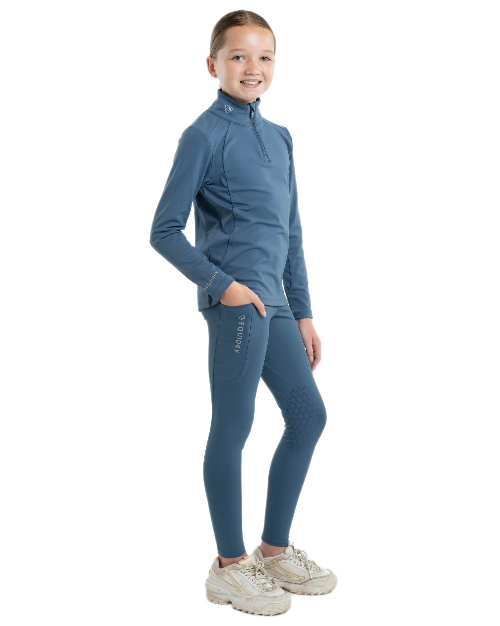 Steel Blue Grey Coloured Equidry Childrens Water Repellent Base Layer on white background