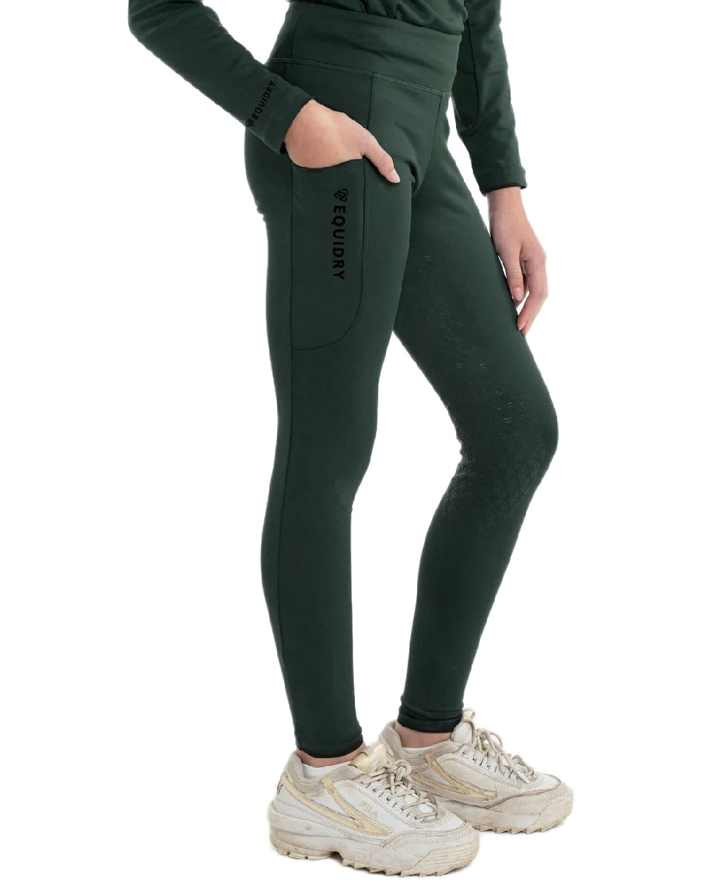 Black Forest Green Black Coloured Equidry Childrens Water Repellent Full Seat Leggings on white background