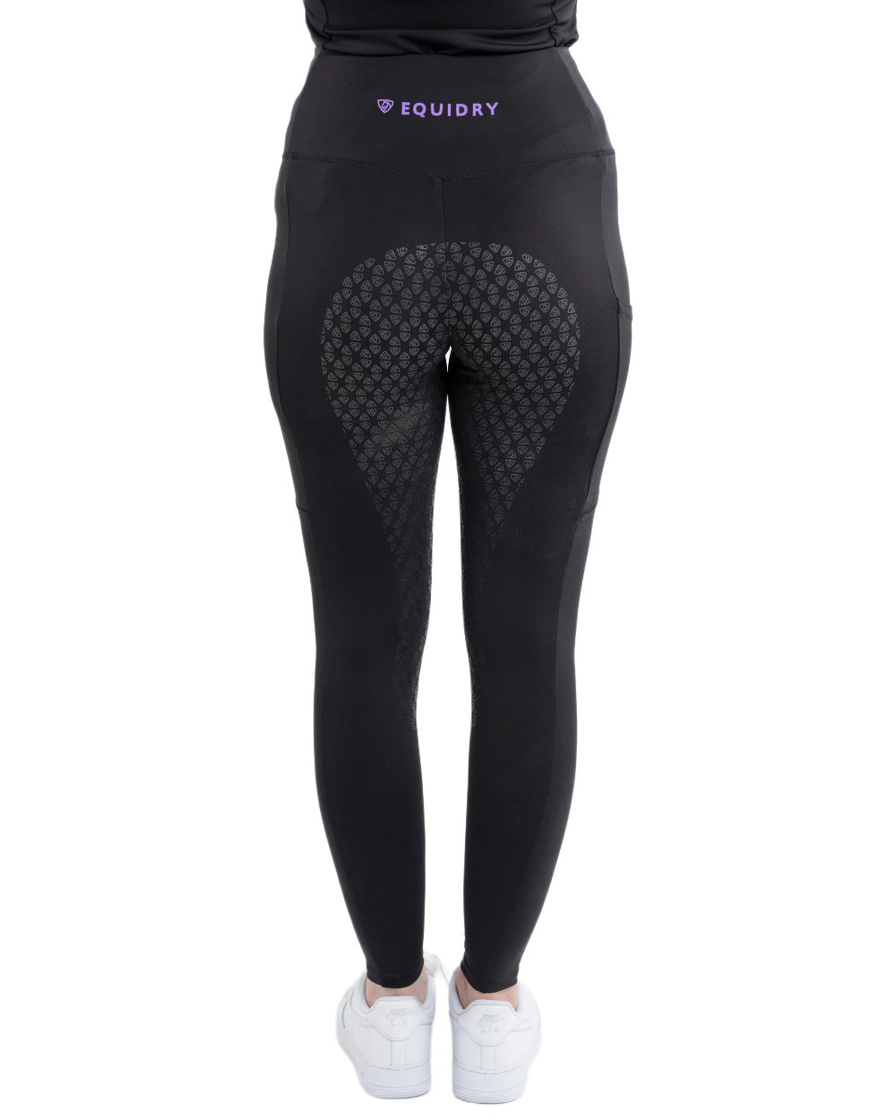 Black Lilac Coloured Equidry Childrens Water Repellent Full Seat Leggings on white background