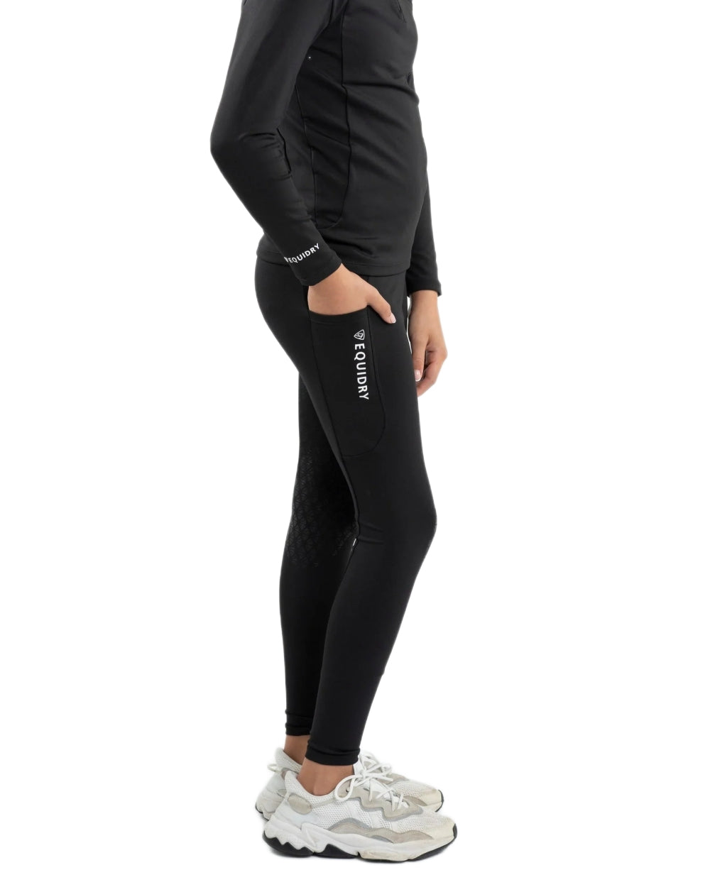 Black White Coloured Equidry Childrens Water Repellent Full Seat Leggings on white background